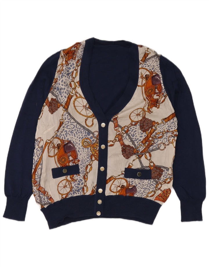 vintage Womens Abstract Pattern Cardigan Sweater UK 16 Grand Bleu Marine