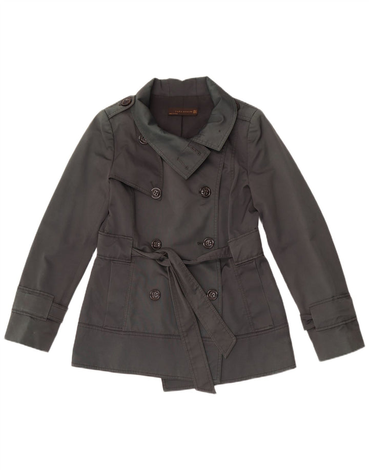 Zara Womens Trench court à double boutonnage UK 14 Coton gris moyen