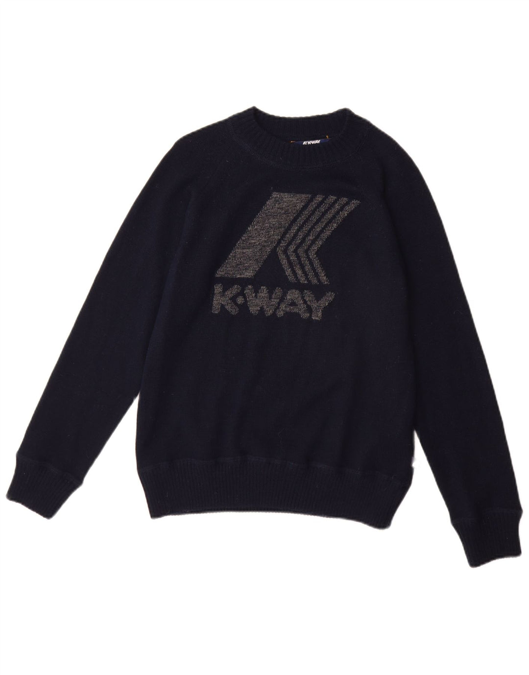 K-WAY Pull graphique à col bateau pour femme UK 12 en laine bleu marine moyen