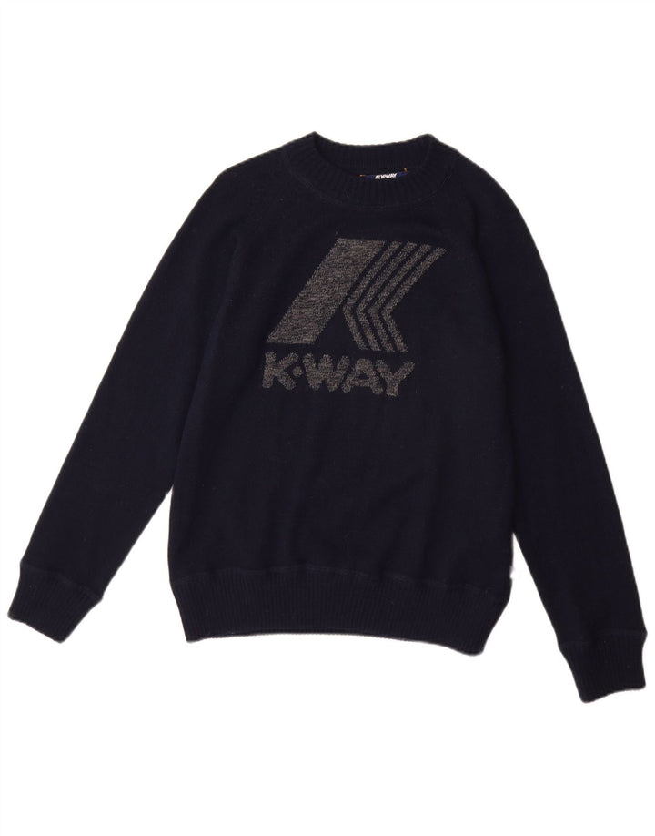 K-WAY Pull graphique à col bateau pour femme UK 12 en laine bleu marine moyen
