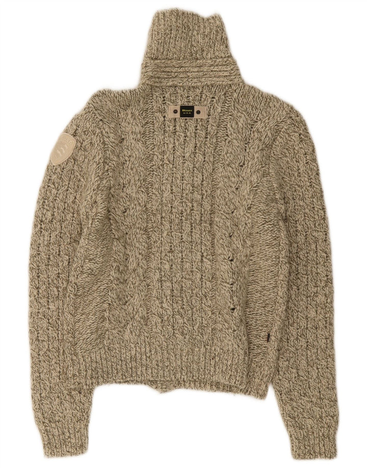Blauer Cardigan Femme Pull UK 14 Laine Beige Moyen