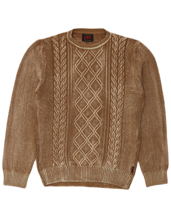 vintage Mens Crew Neck Jumper Pull Grande Laine Vierge Géométrique Marron