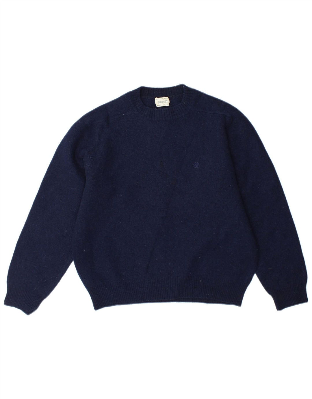 BENETTON Pull à col rond pour femme UK 14 Laine bleu marine moyen