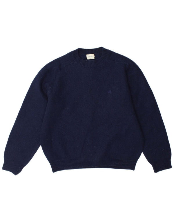 BENETTON Pull à col rond pour femme UK 14 Laine bleu marine moyen