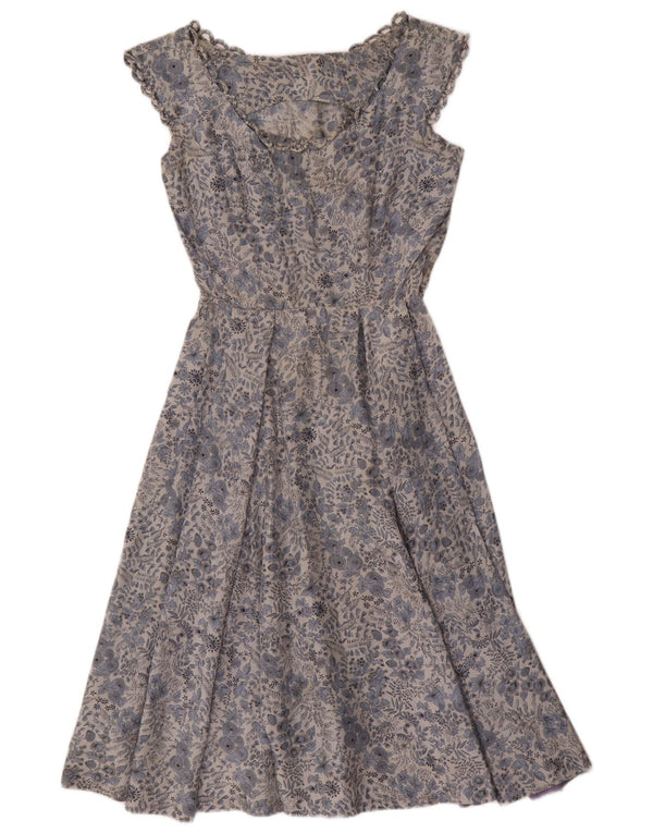 vintage Femme Robe A-Line UK 12 Bleu Moyen Floral