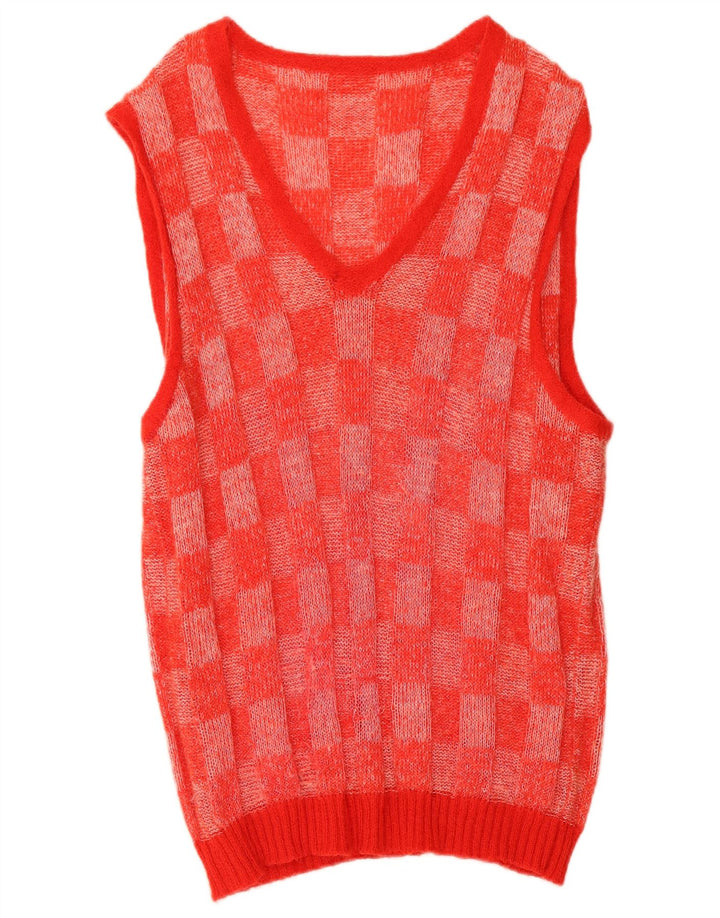 vintage Femmes Longline Vest Débardeur UK 14 Moyen Rouge Géométrique