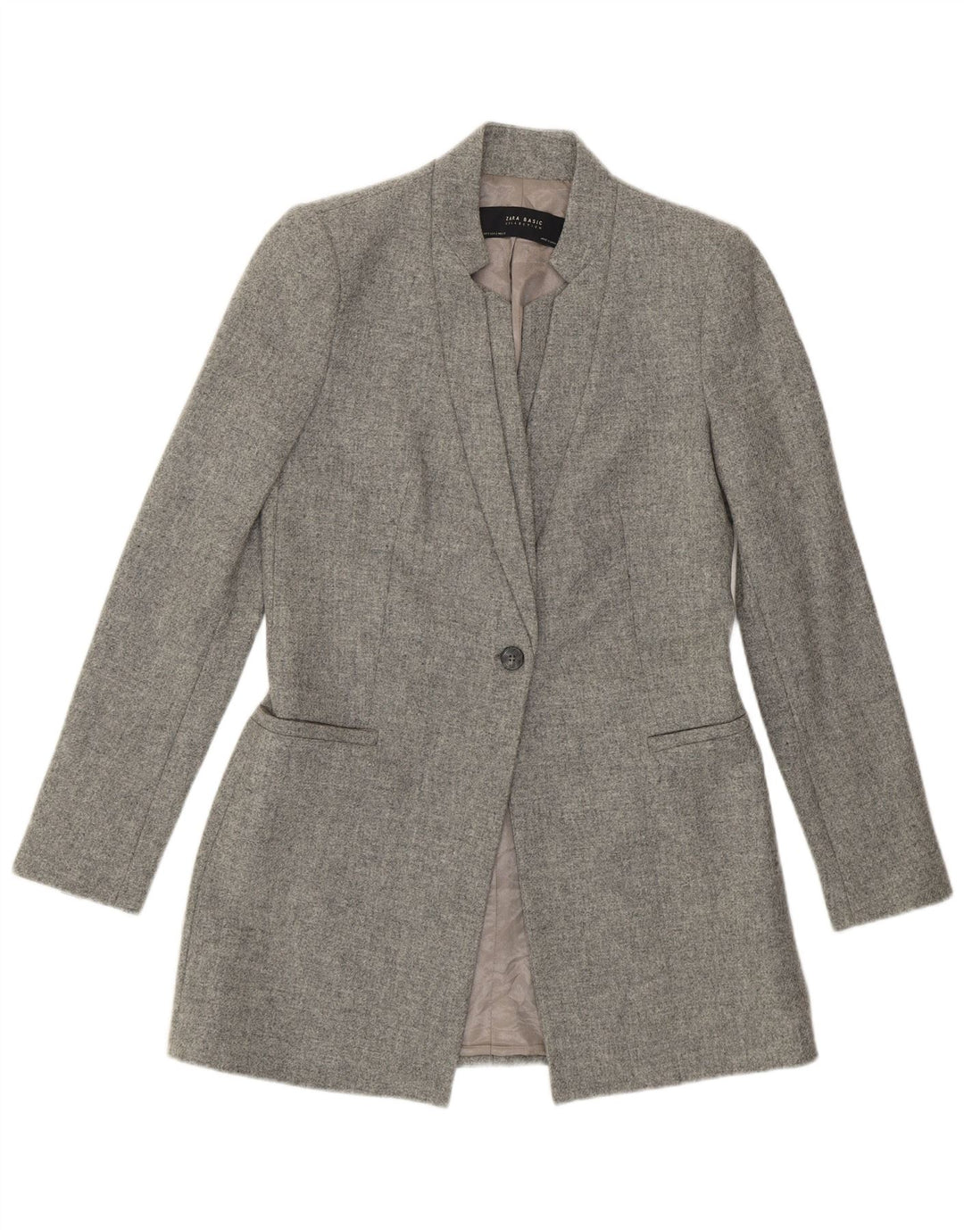Zara Womens Longline 1 Button Blazer Jacket UK 10 Petite laine mouchetée grise