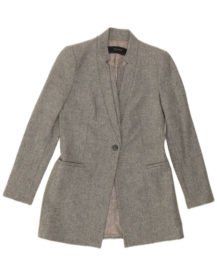 Zara Womens Longline 1 Button Blazer Jacket UK 10 Petite laine mouchetée grise