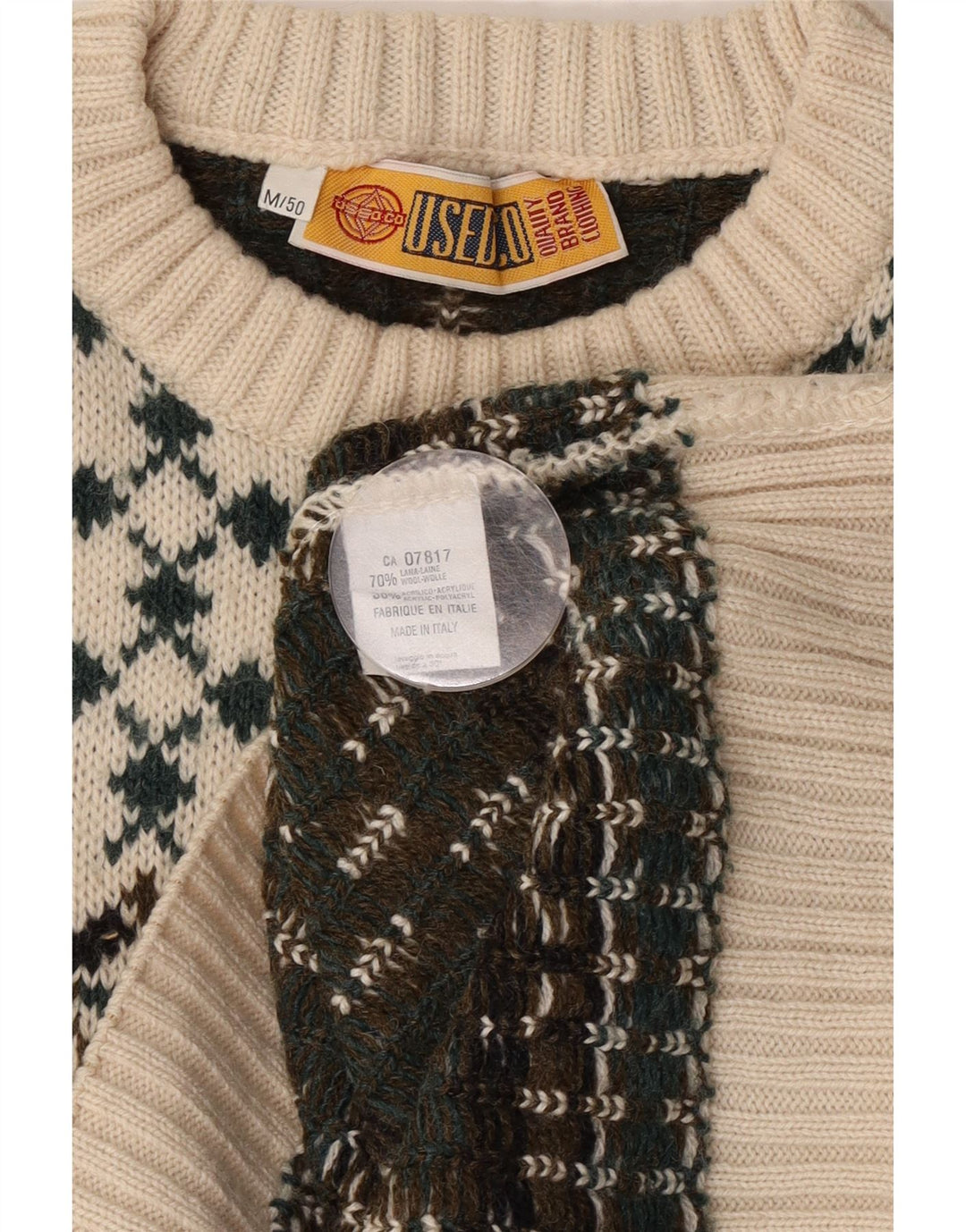 vintage Mens Crew Neck Jumper Pull IT 50 Moyen Blanc Fair Isle Laine
