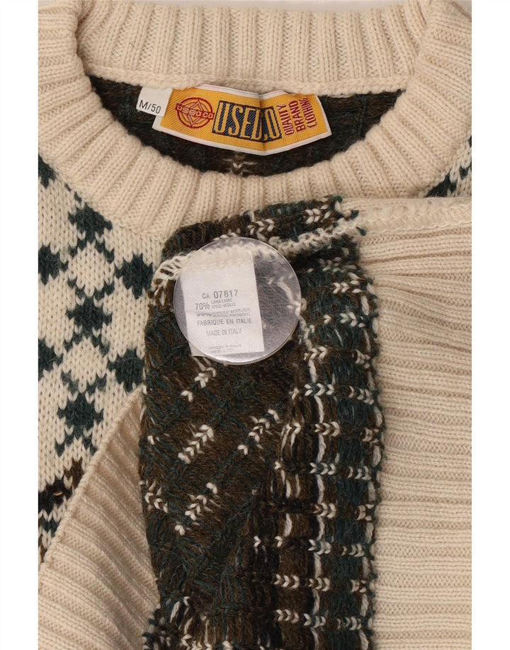 vintage Mens Crew Neck Jumper Pull IT 50 Moyen Blanc Fair Isle Laine