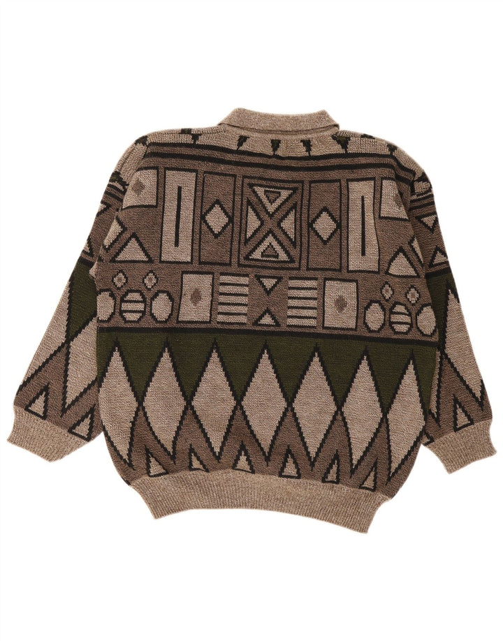 vintage Mens Polo Neck Jumper Pull Moyen Brun Géométrique