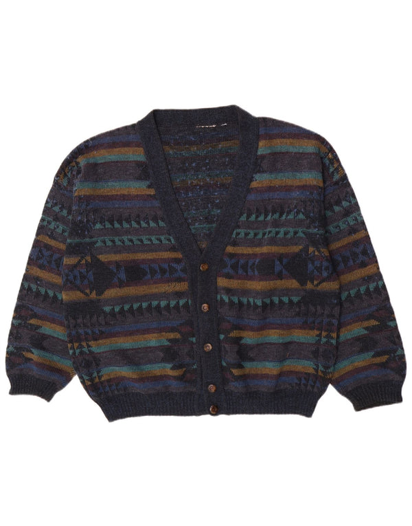 vintage Mens Cardigan Pull Grand Bleu Marine Géométrique