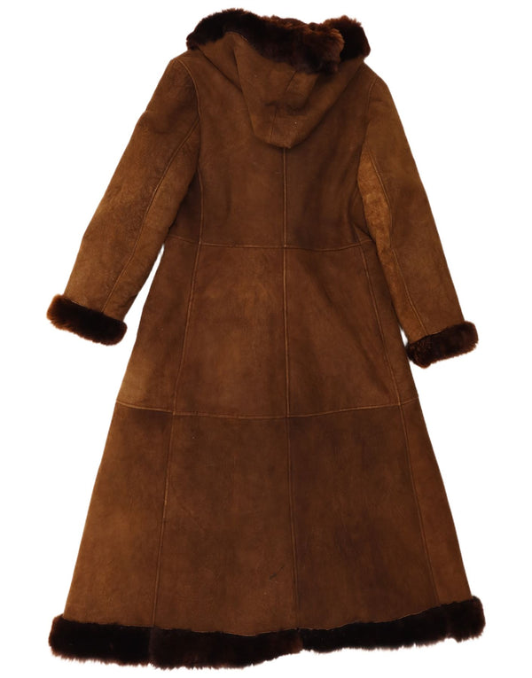 manteau en peau de mouton à capuche femme vintage UK 8 Petit Brun