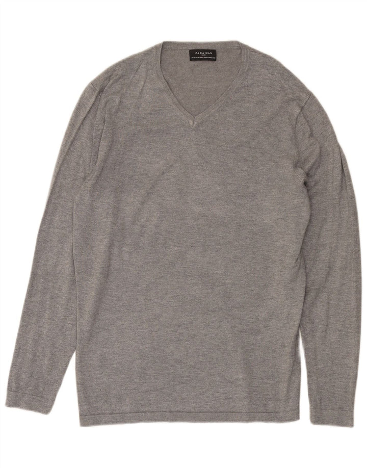 Zara Pull Col V Homme Gris Moyen Moucheté