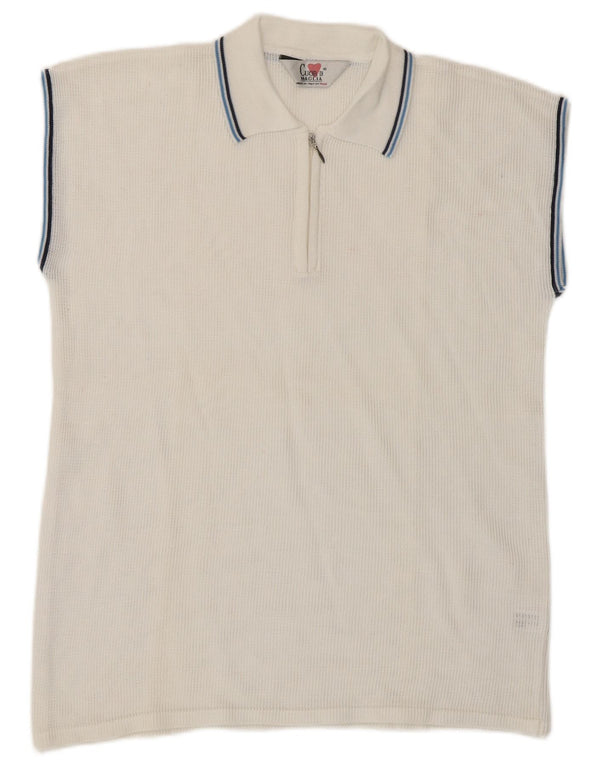 vintage Femmes Sans Manches Voir À Travers Polo UK 14 Coton Blanc Moyen
