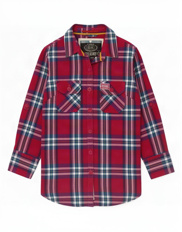 Superdry Chemise en flanelle à manches 3/4 pour femme UK 10 Petit coton à carreaux rose