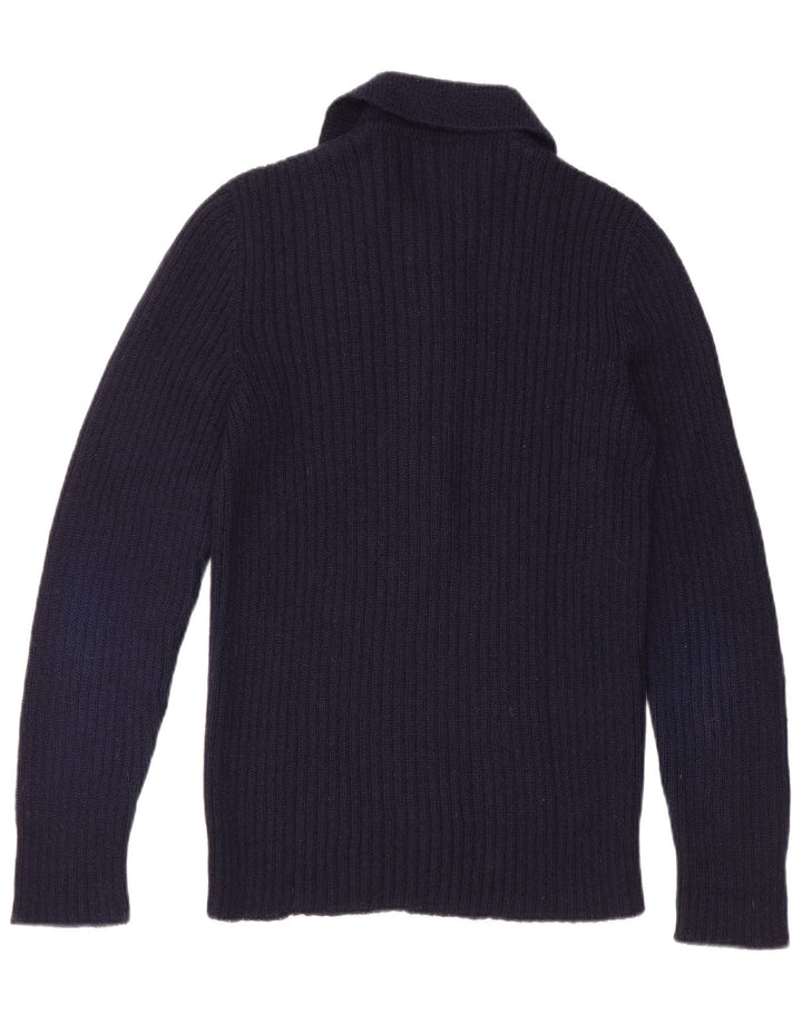 vintage Homme Polo Neck Jumper Pull Petit Bleu Marine