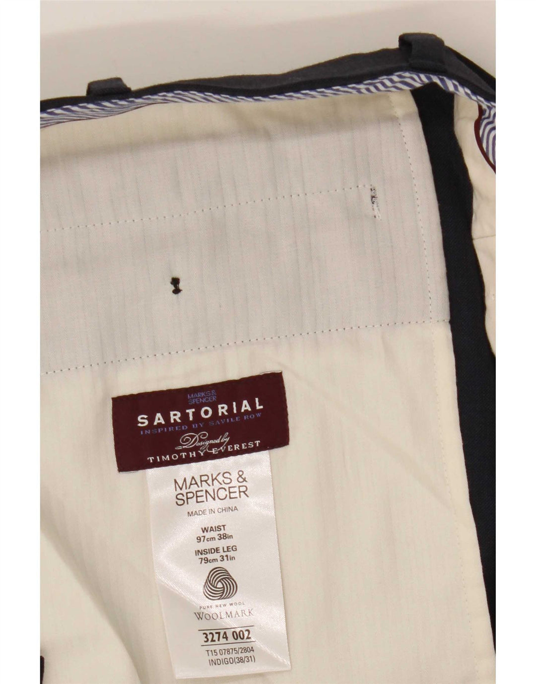Marks & Spencer Pantalon de Costume Droit Homme W38 L31 Laine Bleu Marine