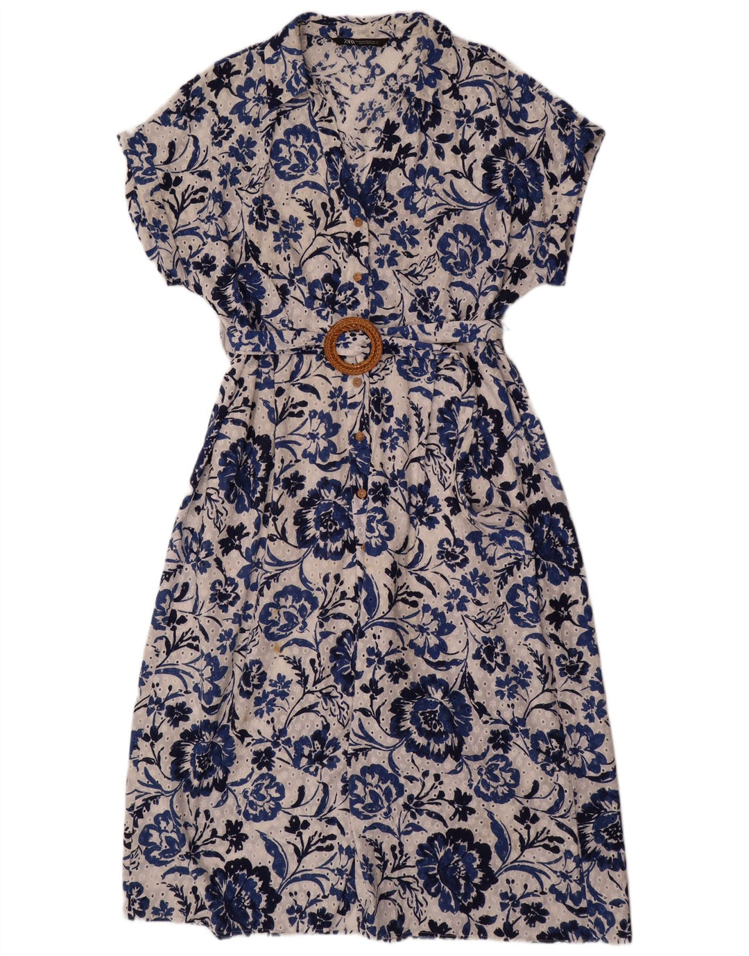 ZARA Femmes Manches Courtes Maxi Robe UK 20 2XL Bleu Floral Coton