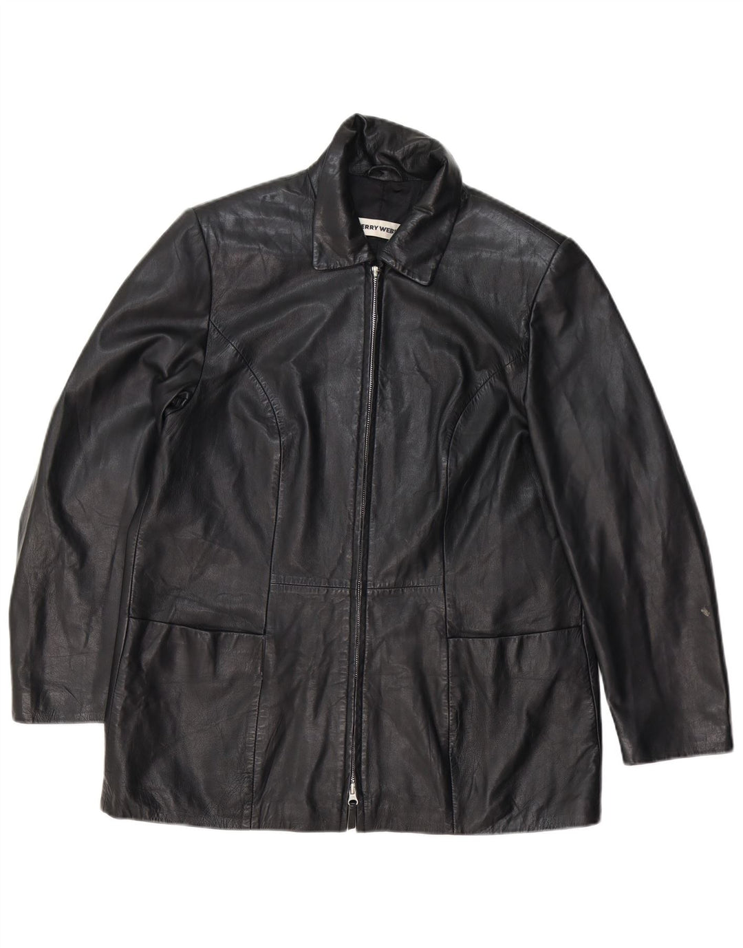 GERRY WEBER Manteau en cuir femme UK 16 Grand cuir noir