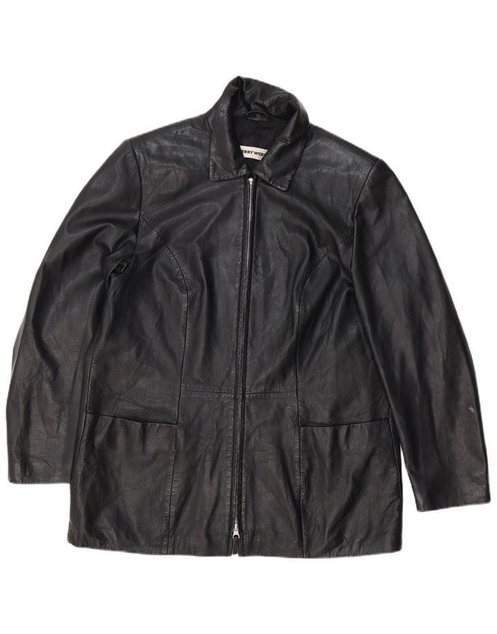 GERRY WEBER Manteau en cuir femme UK 16 Grand cuir noir