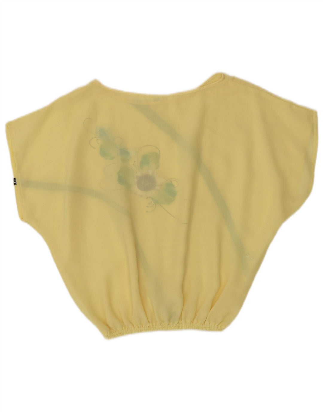 vintage Femmes Crop Blouse Top UK 14 Polyester Floral Jaune Moyen