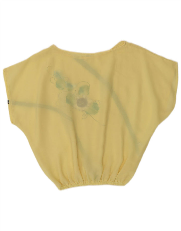 vintage Femmes Crop Blouse Top UK 14 Polyester Floral Jaune Moyen