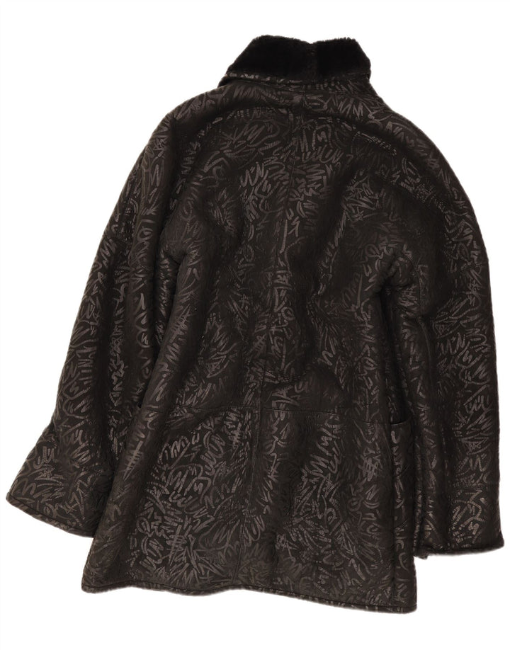 vintage Womens Abstract Pattern Shearling Coat UK 14 Moyen Noir