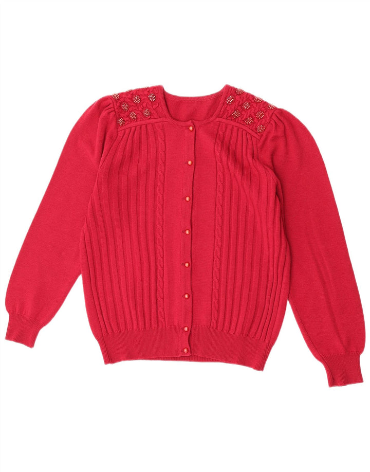 vintage Femme Cardigan Pull UK 14 Laine Vierge Rouge Moyenne