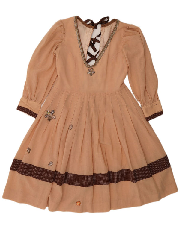 vintage Femme Graphique A-Line Robe UK 12 Beige Moyen Colorblock