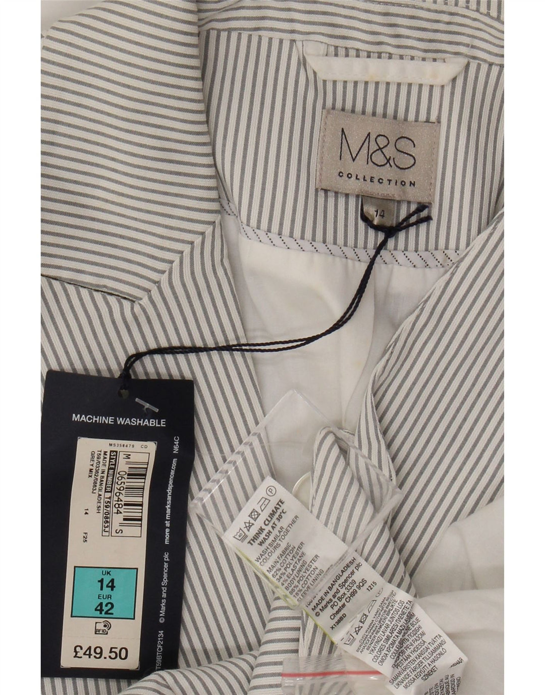 Marks & Spencer Veste blazer à 1 bouton pour femme UK 14 Grandes rayures grises