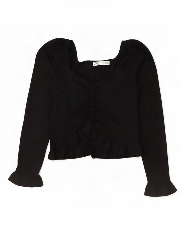 Zara Womens Crop Long Sleeve Blouse Top UK 10 Small Noir Viscose