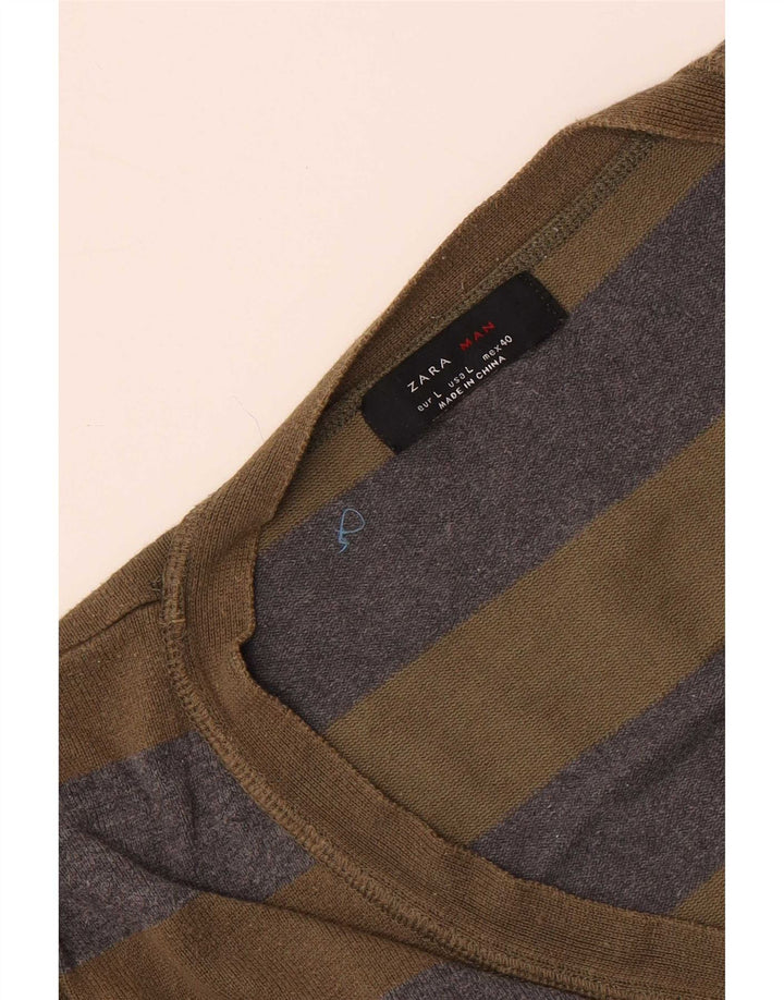 Zara Cardigan Homme Pull Large Kaki Rayé