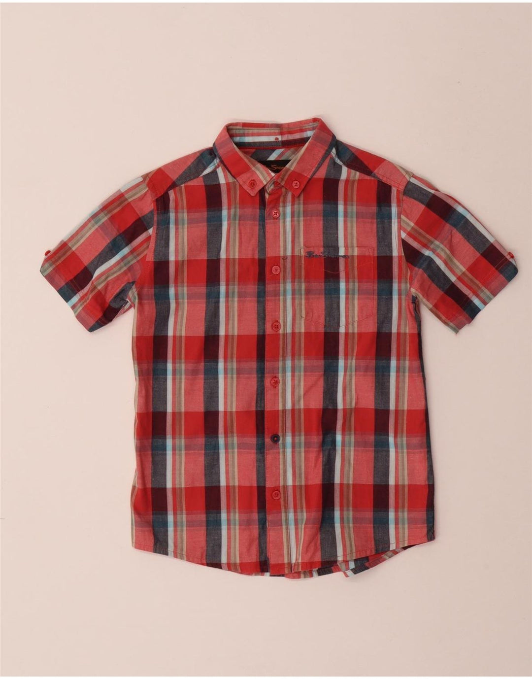 BEN SHERMAN Chemise à Manches Courtes Garçon 8-9 ans Coton à Carreaux Rouge
