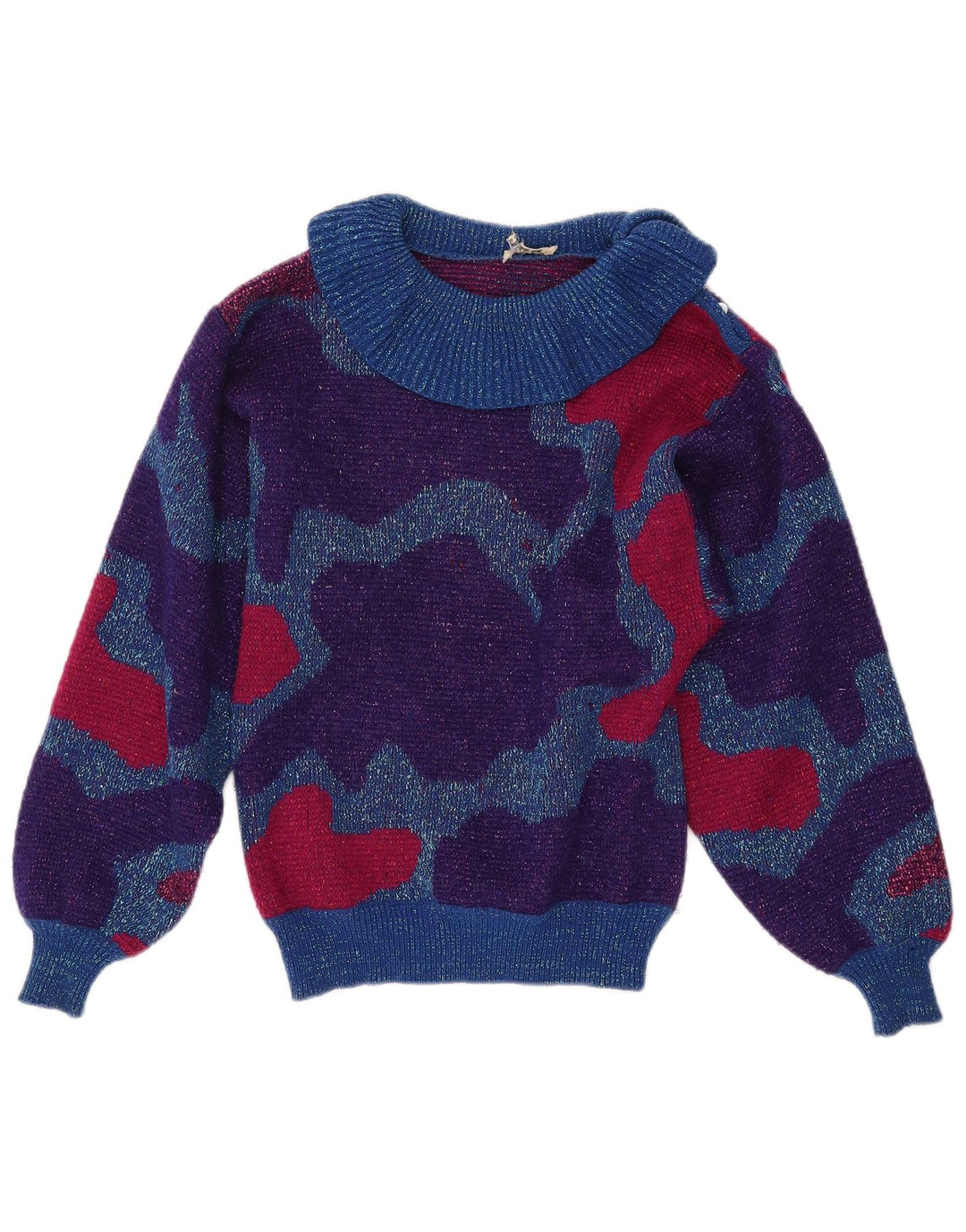 VINTAGE Pull col roulé femme UK 10 Petit Multicolore