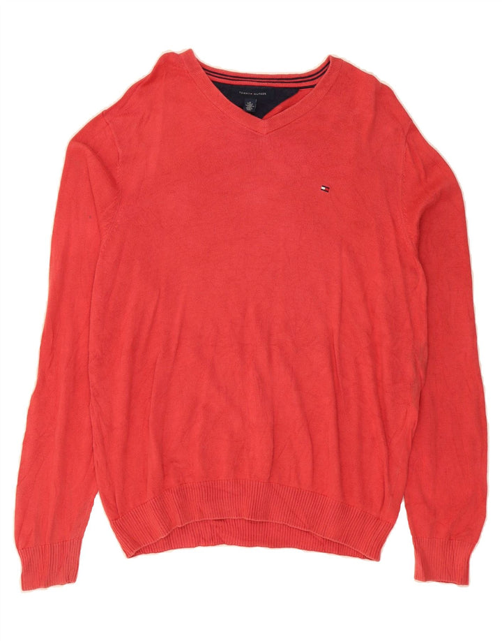 TOMMY HILFIGER Mens V-Neck Jumper Sweater Medium Red Cotton Vintage Tommy Hilfiger and Second-Hand Tommy Hilfiger from Messina Hembry 