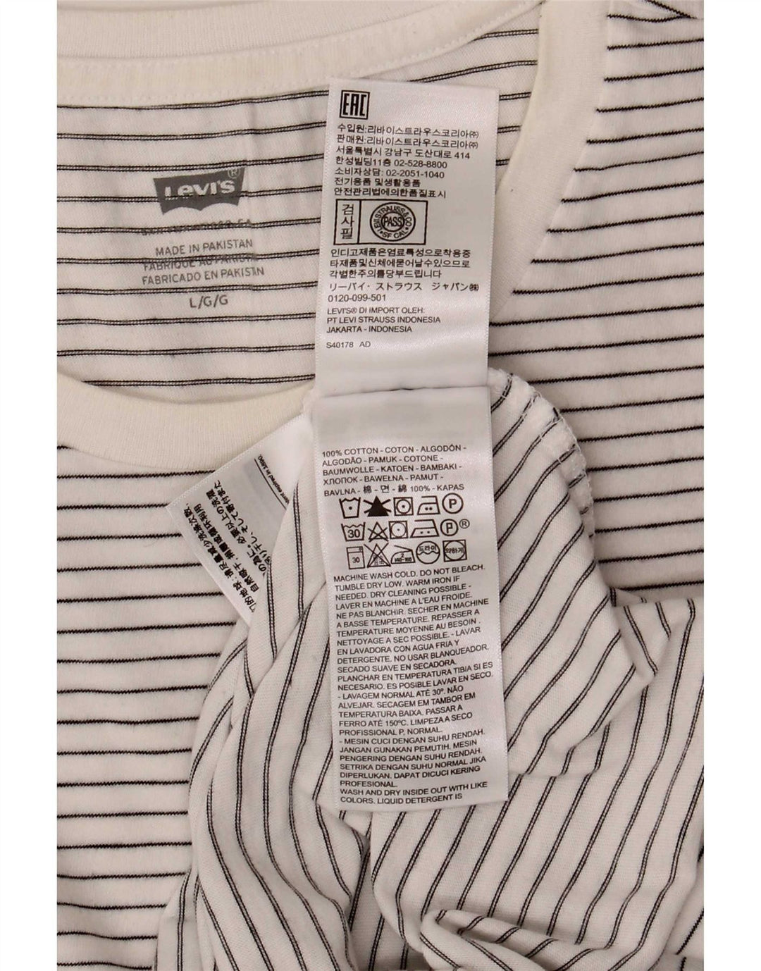 Levi's T-Shirt Homme Blanc Large en Coton à Fines Rayures