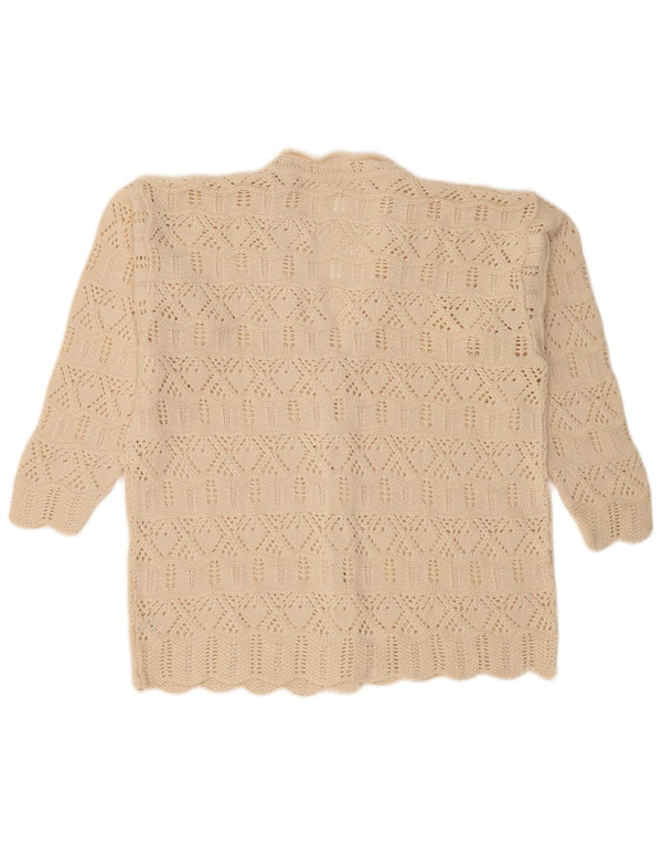 vintage Femmes 3/4 Manches Crochet Cardigan Pull UK 16 Grand Coton Beige