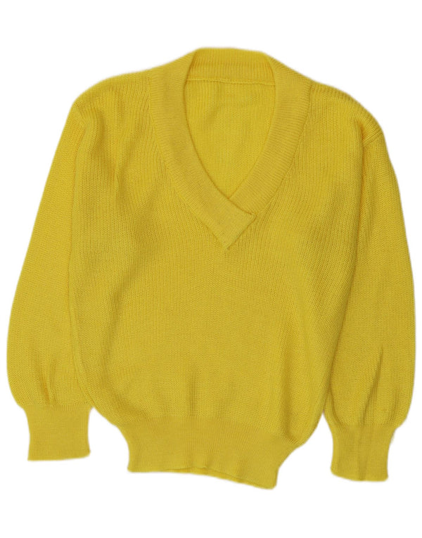 vintage Femme V-Col Jumper Pull UK 16 Grand Jaune