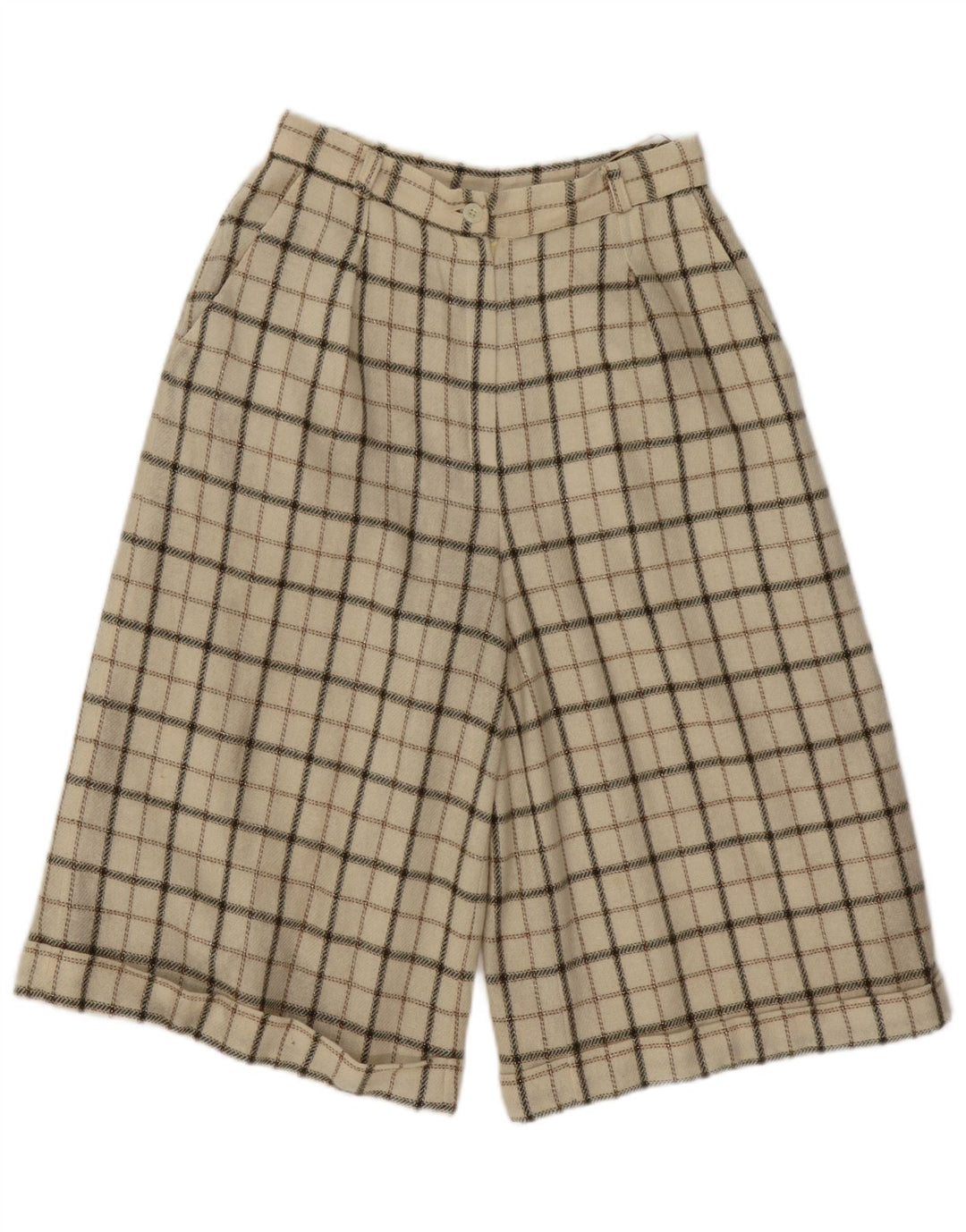 VINTAGE Short décontracté taille haute pour femme Medium W26 Beige Check Wool