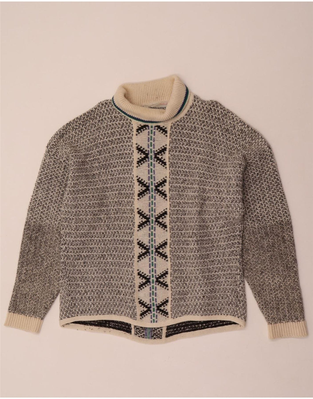 vintage Mens Roll Neck Jumper Pull Grande Laine Géométrique Grise