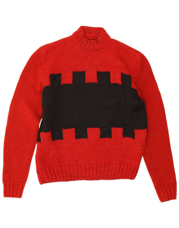 vintage Mens Turtle Neck Jumper Pull Grand Rouge Géométrique
