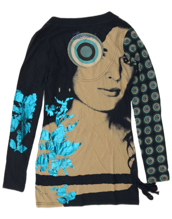 Desigual Femme Graphic Top Manches Longues UK 6 XS Bleu Marine Coton Géométrique