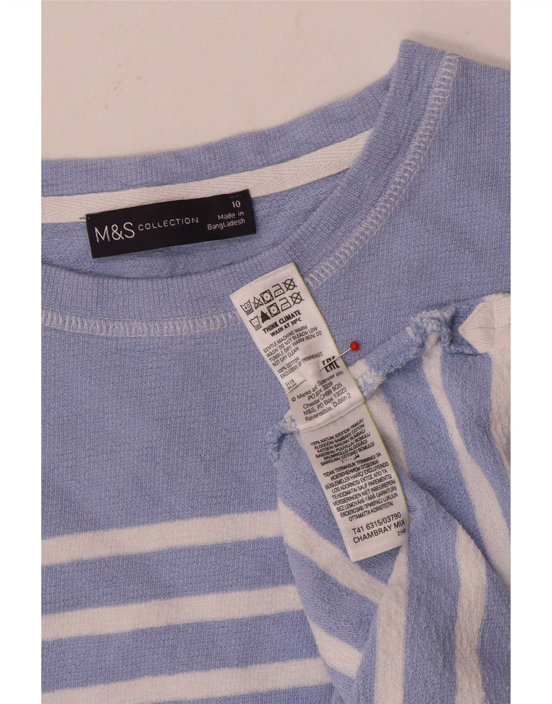 Marks & Spencer Haut à manches longues pour femme UK 10 Petit coton rayé bleu
