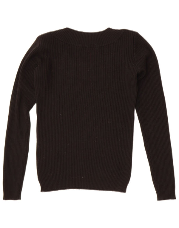 vintage Womens Crop Boat Neck Jumper Pull UK 10 Petite laine noire