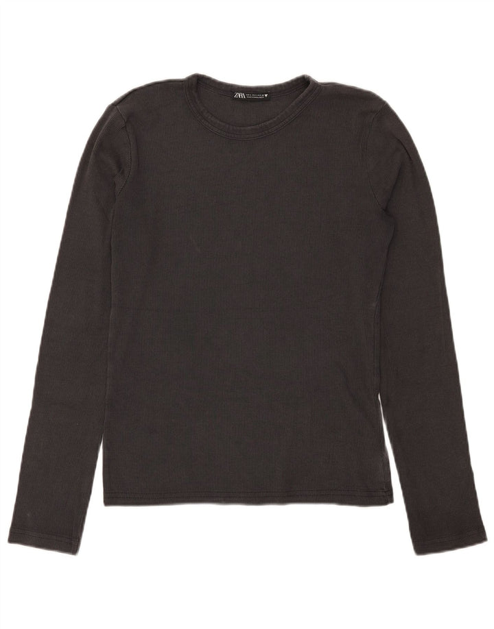 Zara Femme Top Manches Longues UK 14 Large Gris Coton