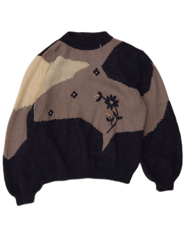 vintage Womens Crew Neck Jumper Sweater UK 16 Grand Colorblock Bleu Marine