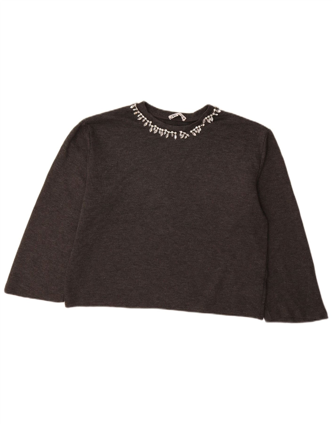 ZARA Pull court à manches 3/4 et col bateau pour femme UK 14 Gris moyen