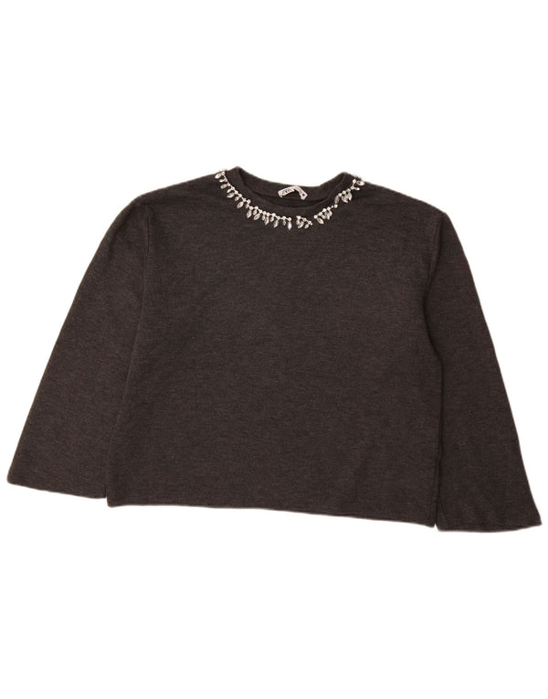 ZARA Pull court à manches 3/4 et col bateau pour femme UK 14 Gris moyen