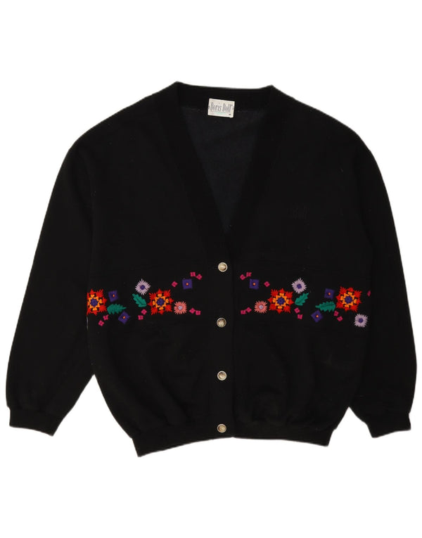 vintage Femme Cardigan Pull UK 14 Moyen Noir Floral Coton
